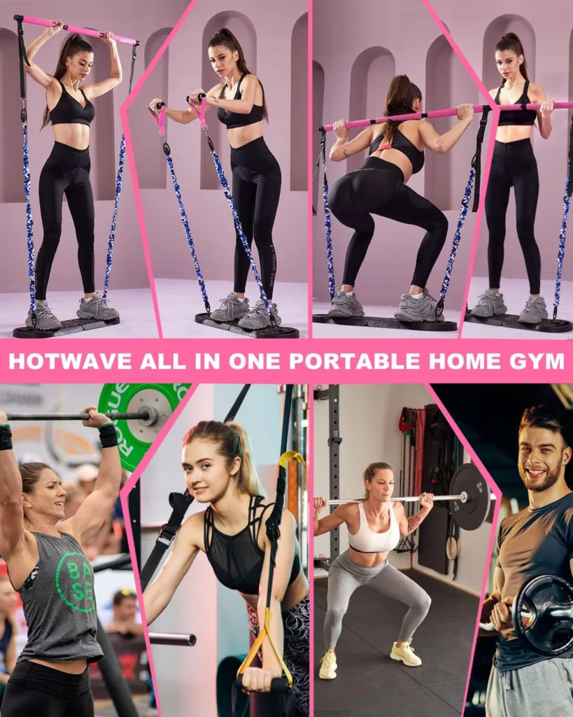 HOTWAVE Portable Home Gym with 16 Fitness Accessories,Push Up Board with Resistance Bands,Ab Roller Wheel,Pilates Bar Workout Squats,Pink Strength Training Equipment for Women
