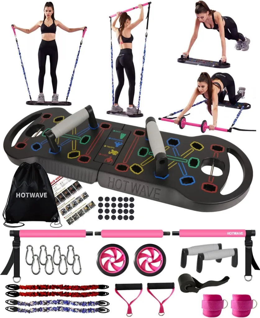 HOTWAVE Portable Home Gym with 16 Fitness Accessories,Push Up Board with Resistance Bands,Ab Roller Wheel,Pilates Bar Workout Squats,Pink Strength Training Equipment for Women