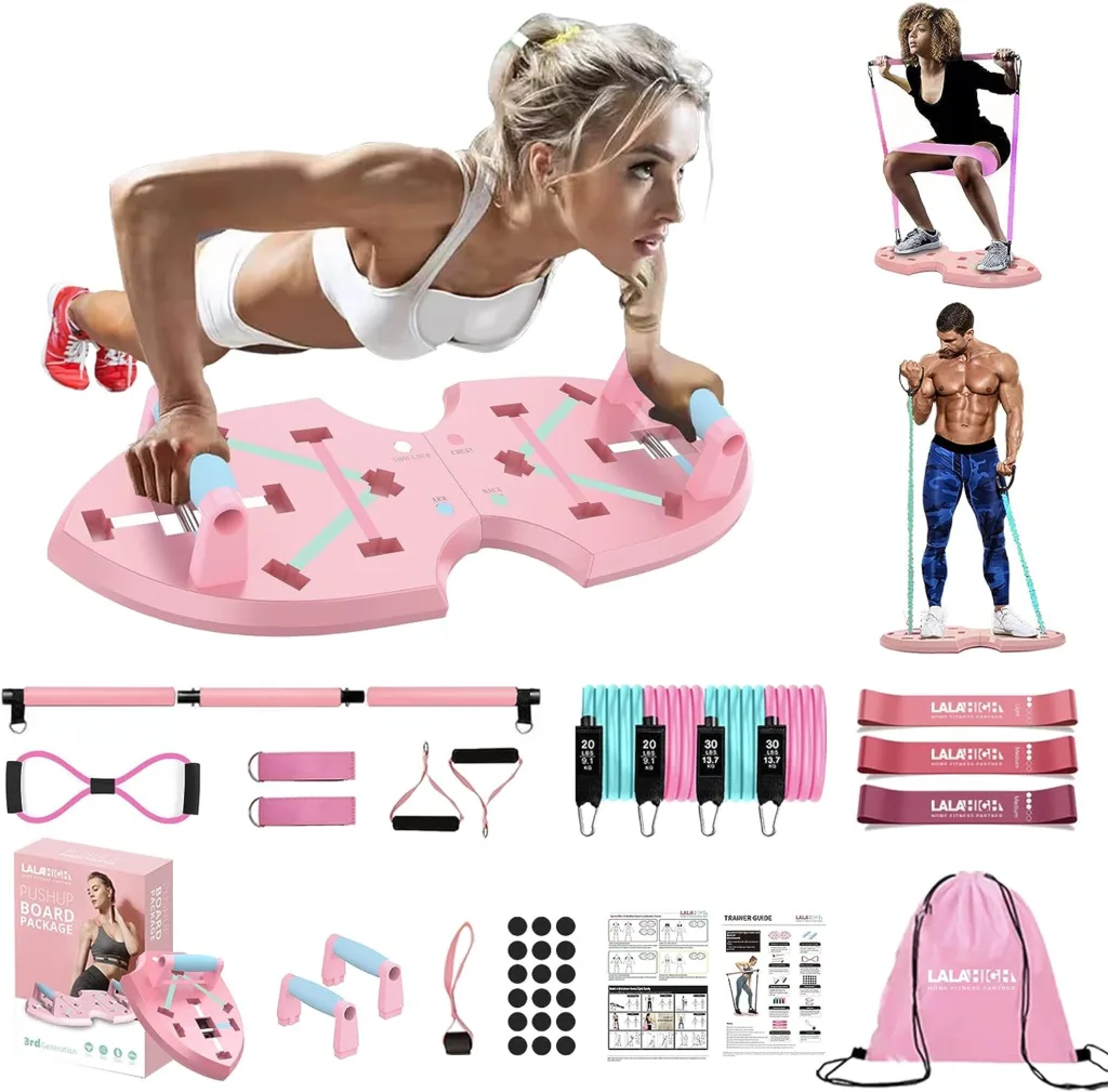 LALAHIGH Push Up Board, Portable Home Workout Equipment for Women  Men, 30 in 1 Home Gym System with Pilates Bar, Resistance Band, Booty Bands, Pushup Stands for Body Shaping - Pink Series