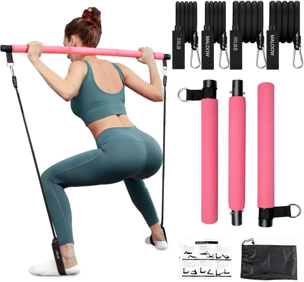 Pilates Bar Kit with Resistance Bands (2 Standard  2 Strong), Protable Home Gym Workout Equipment For Women, Perfect Stretched Fusion Exercise Bar and Bands for Toning Muscle, Leg, Butt and Full Body